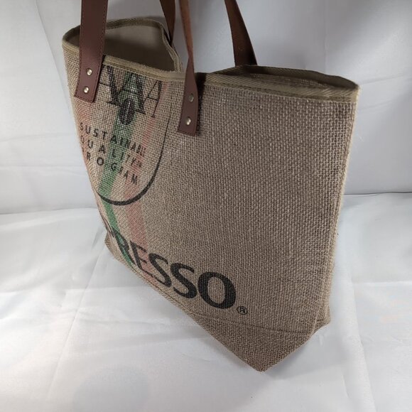 Nespresso Tote Bag Jute Burlap Beige Brown Faux Leather Shoulder 19x14" Coffee - Picture 7 of 14